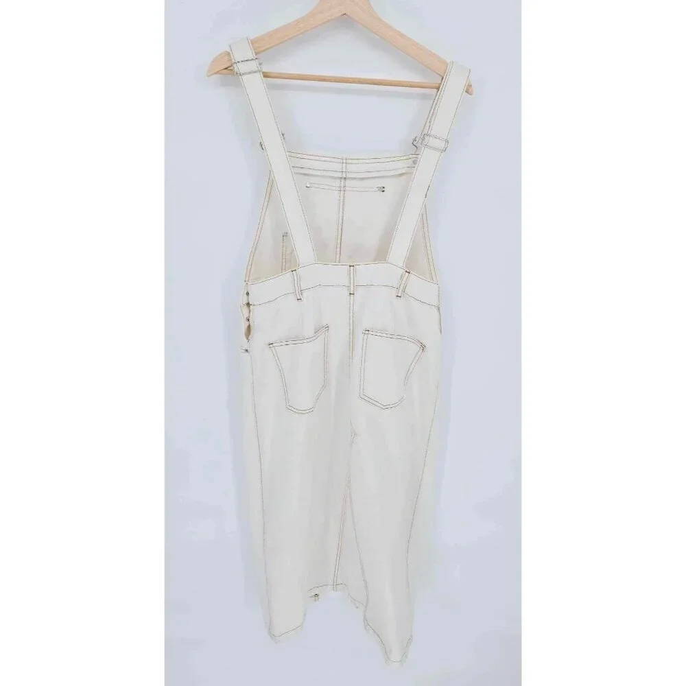 Zara Off White Brown Stitches Denim Overall Dress Bib Skirt Size Medium - Picture 8 of 14